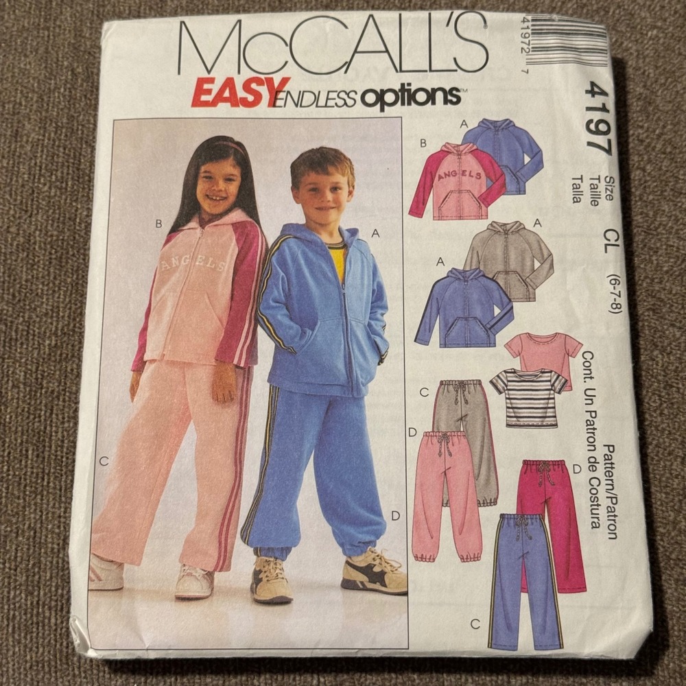 McCall's 4197 Sewing Pattern Kids Tracksuit Hoodie Pants Size CL 6-7-8 Uncut